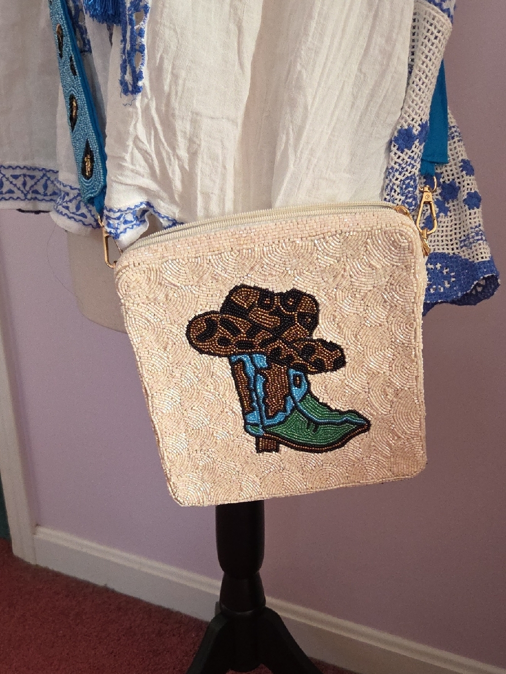 Camel Threads Beaded Totes & Toes  Crossbody Bag - Blue Beaded Strap